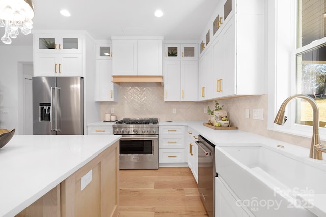 kitchen with sink, high end appliances, hanging light fixtures, light hardwood / wood-style flooring, and decorative backsplash