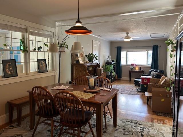 dining room featuring ceiling fan and hardwood / wood-style flooring