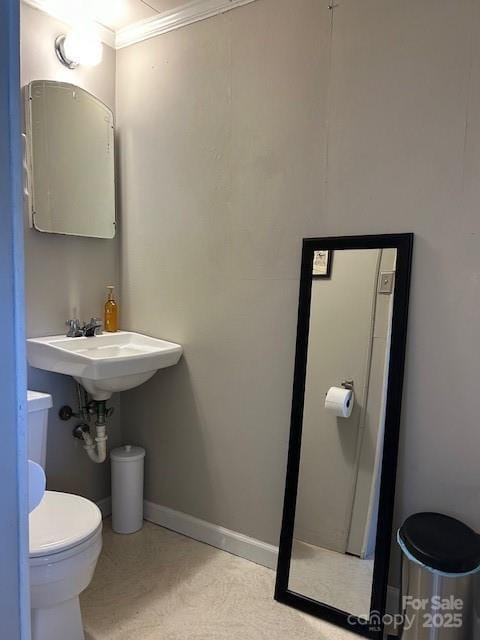 bathroom with sink, toilet, and ornamental molding