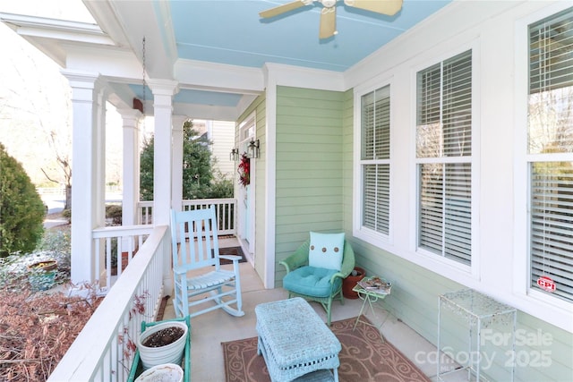 exterior space featuring ceiling fan and covered porch