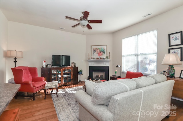 living room with ceiling fan and hardwood / wood-style flooring