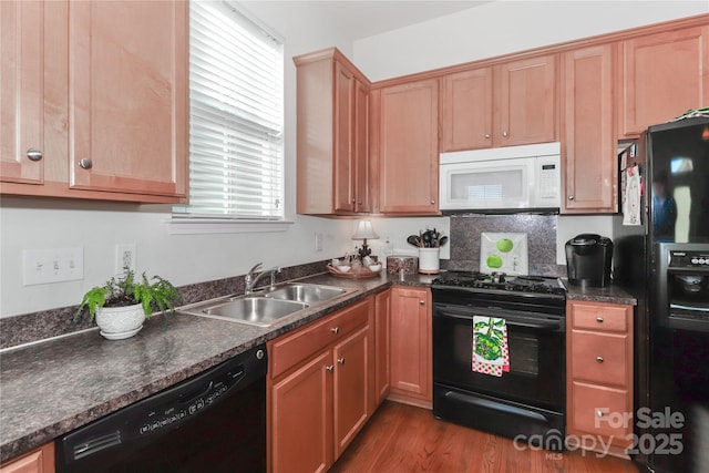 kitchen with sink, light hardwood / wood-style floors, and black appliances