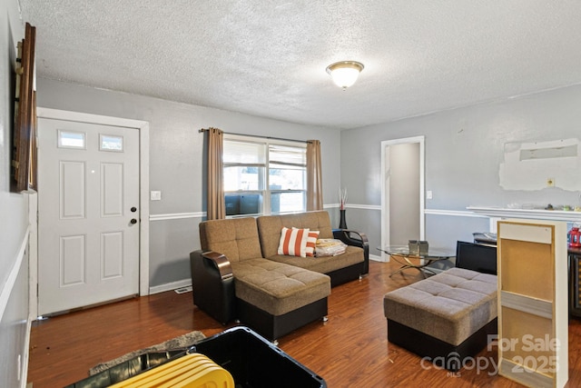 living room featuring a textured ceiling and hardwood / wood-style flooring