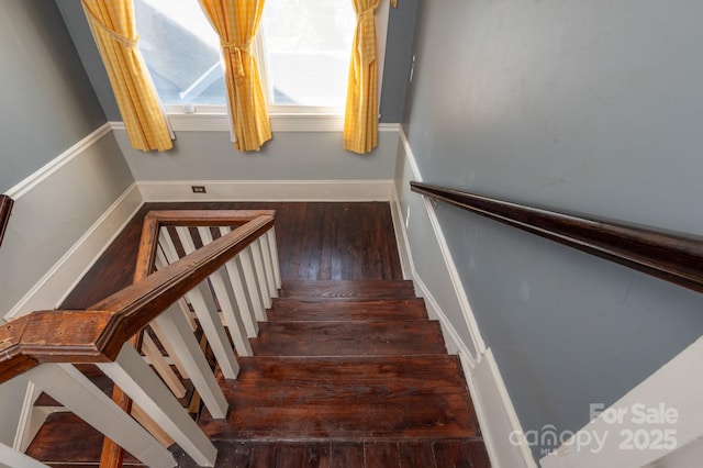 stairway with hardwood / wood-style floors