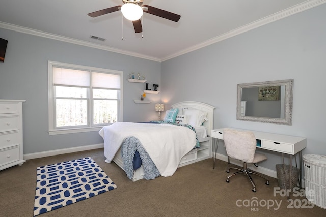 carpeted bedroom featuring ceiling fan and ornamental molding