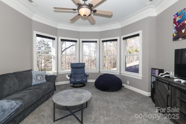 living room featuring ceiling fan, carpet, and ornamental molding