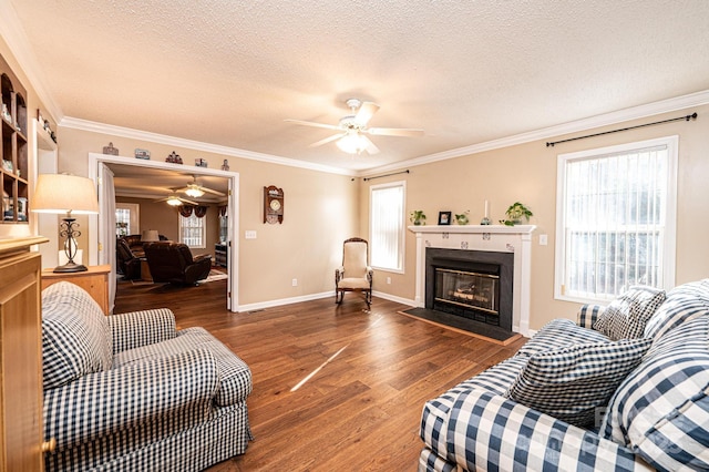 living room featuring ceiling fan, wood-type flooring, crown molding, and a textured ceiling