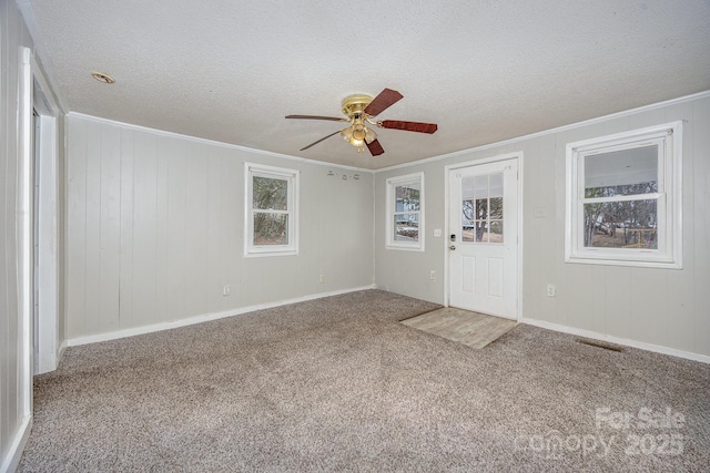 carpeted spare room featuring ceiling fan, ornamental molding, a textured ceiling, and plenty of natural light