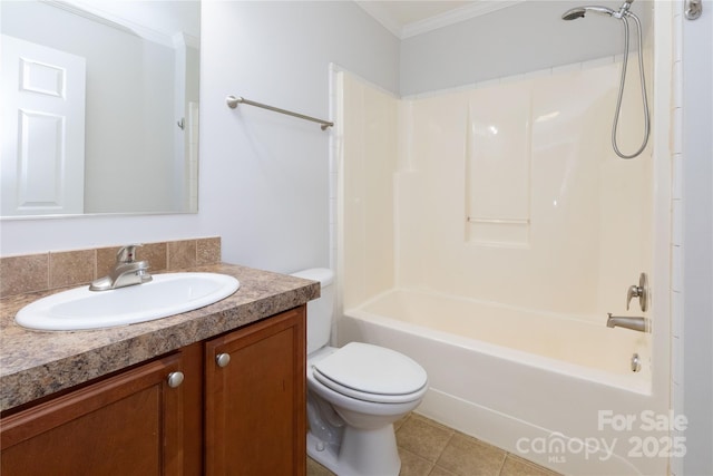 full bathroom featuring crown molding, tile patterned flooring, vanity, shower / bathtub combination, and toilet