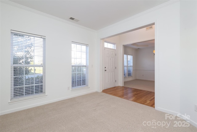 carpeted entrance foyer featuring crown molding