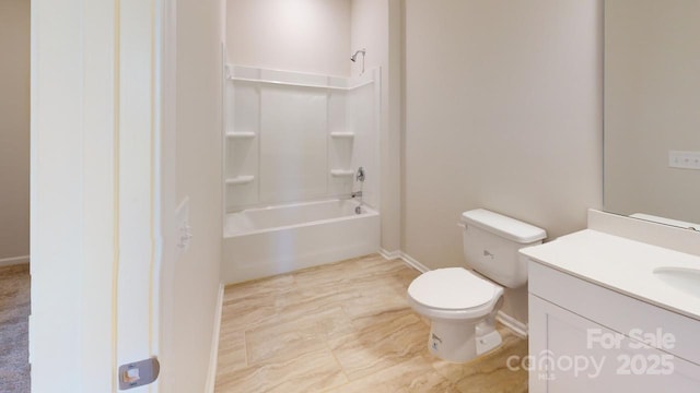 full bathroom featuring toilet, vanity, and washtub / shower combination