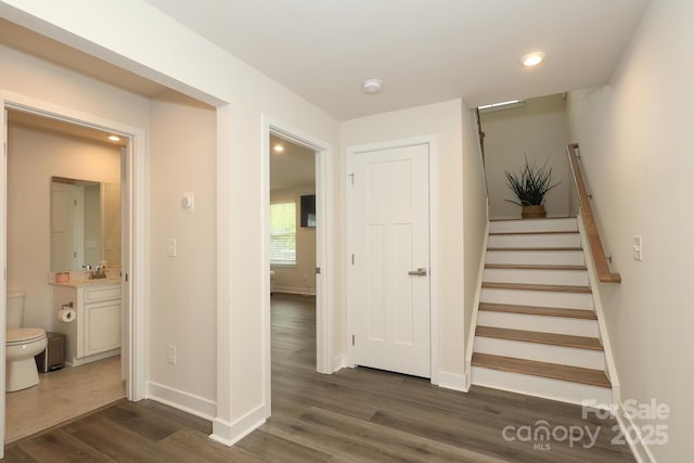 staircase with wood-type flooring and sink