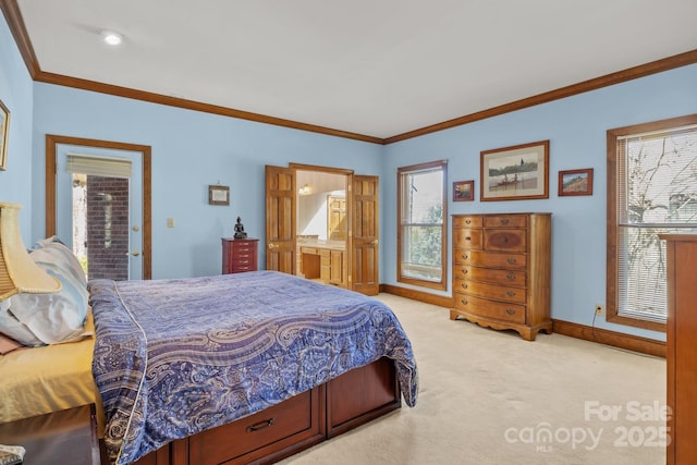 bedroom with light carpet, multiple windows, and crown molding