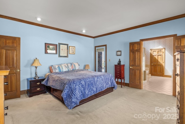 carpeted bedroom featuring recessed lighting, baseboards, and ornamental molding