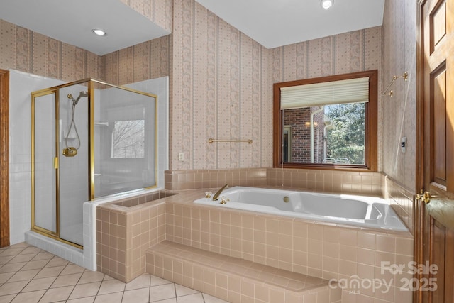 full bathroom featuring wallpapered walls, a garden tub, a stall shower, and tile patterned floors