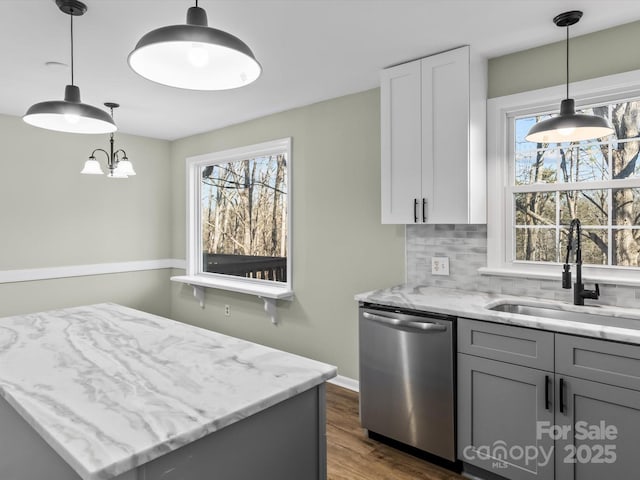 kitchen featuring hanging light fixtures, backsplash, dishwasher, and sink