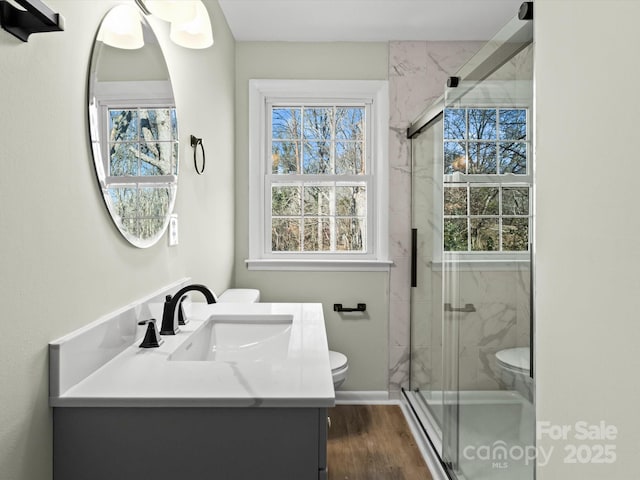 bathroom with a shower with shower door, hardwood / wood-style flooring, toilet, and vanity