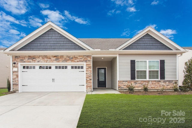 craftsman inspired home with a garage and a front yard