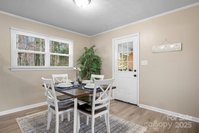 dining area featuring hardwood / wood-style flooring, a textured ceiling, and ornamental molding