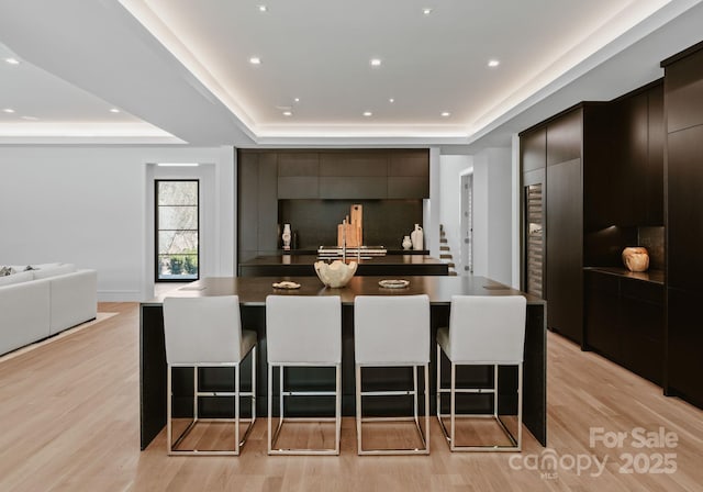 kitchen featuring a raised ceiling, a kitchen island, and modern cabinets