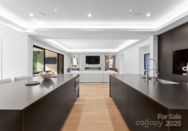 kitchen with a sink, a spacious island, modern cabinets, and a raised ceiling