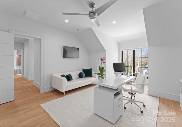 home office featuring visible vents, baseboards, a ceiling fan, light wood-style floors, and recessed lighting