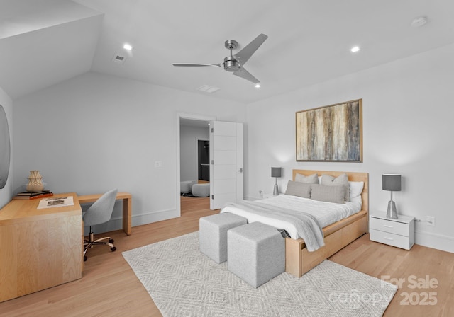 bedroom with lofted ceiling, baseboards, light wood finished floors, and recessed lighting