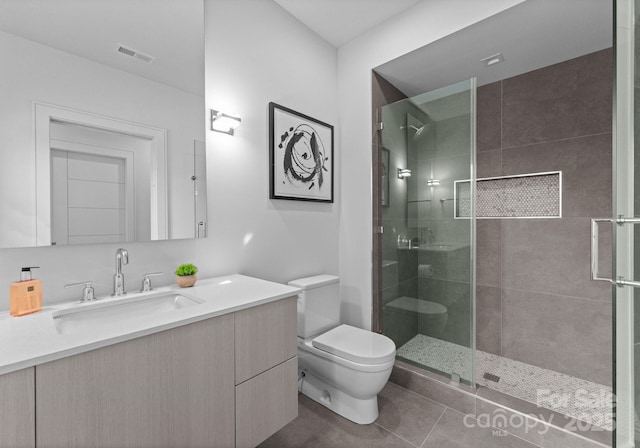 bathroom featuring toilet, vanity, a shower stall, and visible vents