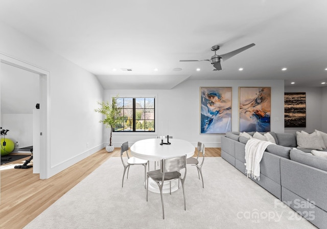 dining area with ceiling fan, recessed lighting, visible vents, baseboards, and light wood finished floors