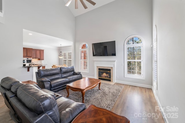 living room featuring high vaulted ceiling, ceiling fan, and light wood-type flooring