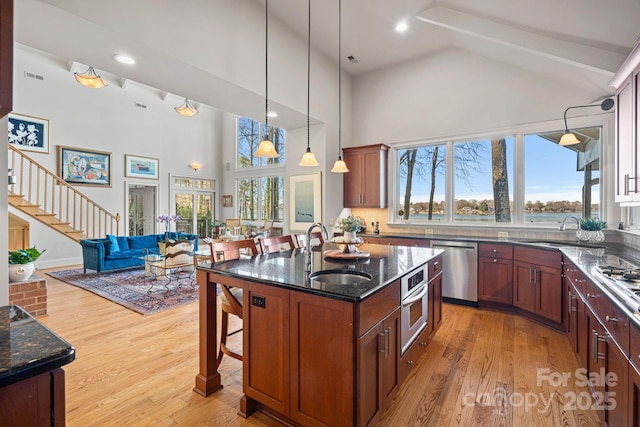 kitchen featuring sink, light wood-type flooring, stainless steel appliances, and an island with sink