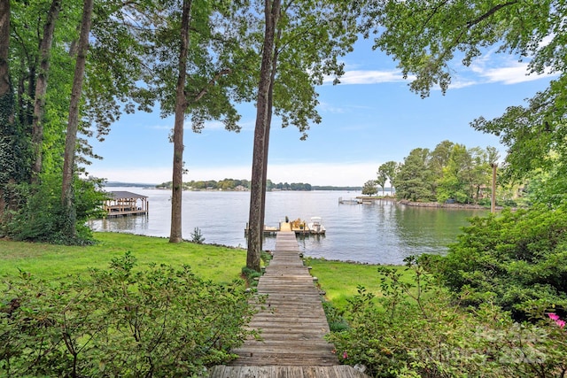 dock area featuring a yard and a water view