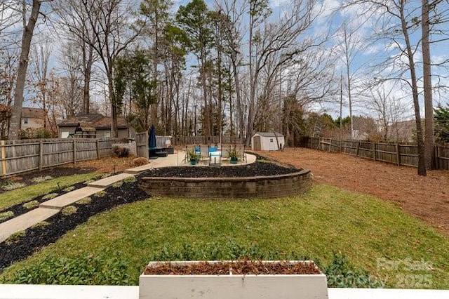 view of yard with a storage shed and a patio