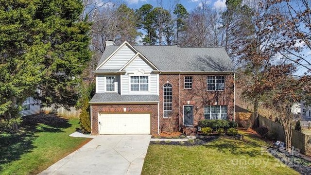 view of front of house with brick siding, an attached garage, concrete driveway, and a front yard