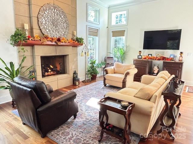 living room with a high ceiling, ornamental molding, a fireplace, and light hardwood / wood-style flooring