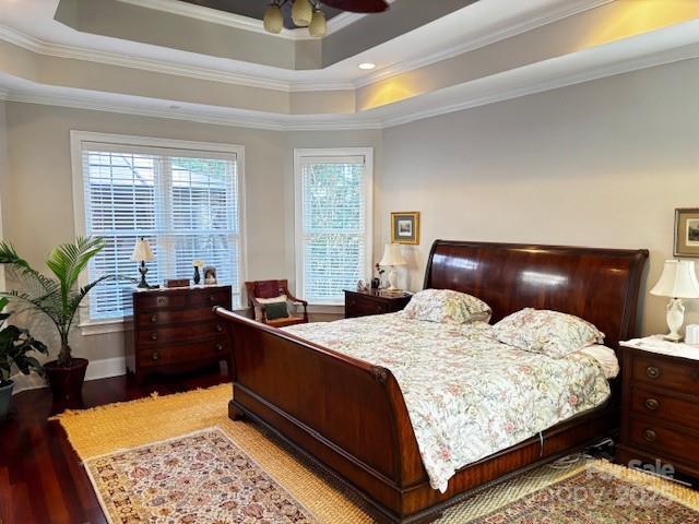 bedroom with ceiling fan, ornamental molding, wood-type flooring, and a raised ceiling