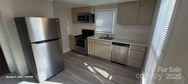 kitchen featuring backsplash, sink, light hardwood / wood-style flooring, a healthy amount of sunlight, and stainless steel appliances