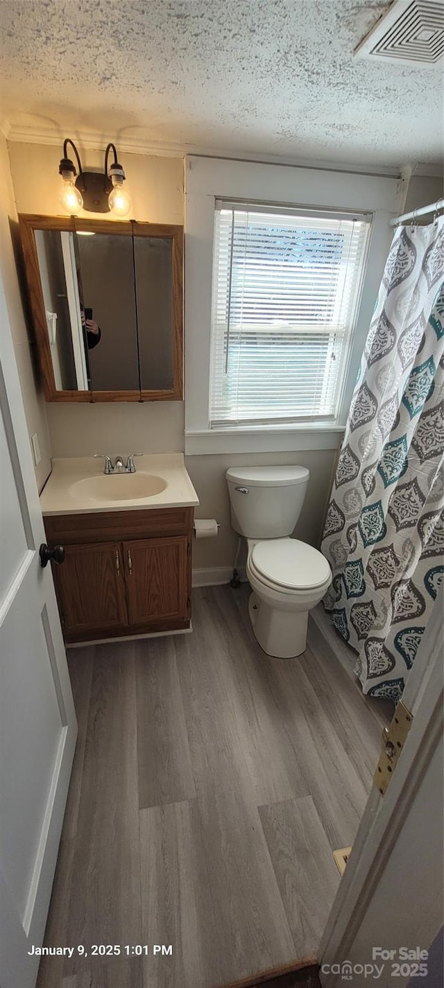 bathroom featuring wood-type flooring, a textured ceiling, toilet, and vanity