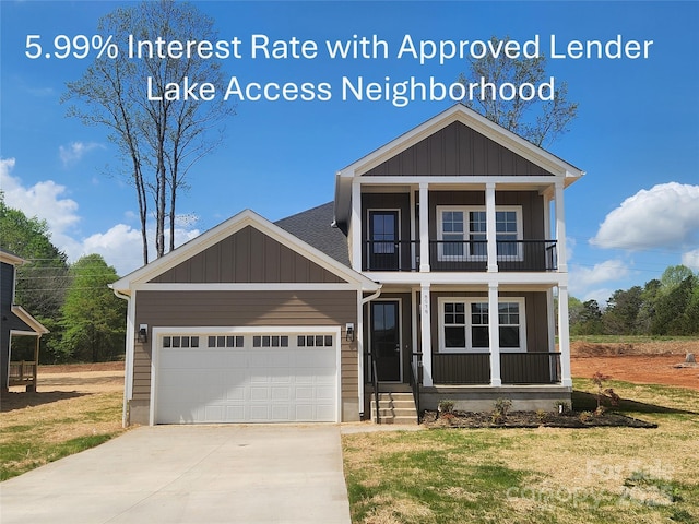 craftsman-style home with a balcony, driveway, board and batten siding, covered porch, and an attached garage