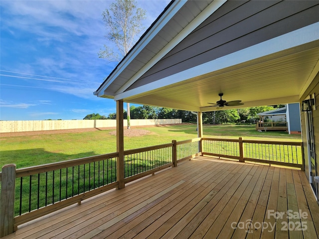 8078 Blackwood Rd, Denver, NC 28037 - wooden terrace featuring a ceiling fan and a yard