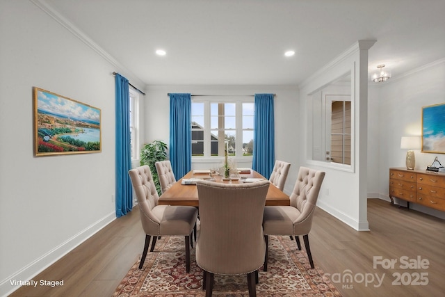 8078 Blackwood Rd, Denver, NC 28037 - dining room featuring wood finished floors, baseboards, ornamental molding, and recessed lighting