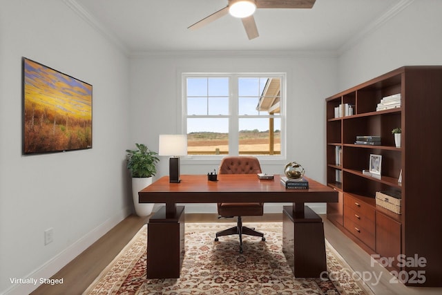 8078 Blackwood Rd, Denver, NC 28037 - office area featuring a ceiling fan, light wood-type flooring, ornamental molding, and baseboards