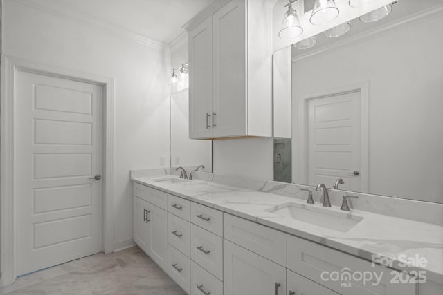 8078 Blackwood Rd, Denver, NC 28037 - bathroom featuring crown molding, double vanity, and marble look tile flooring