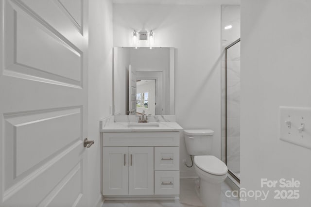 8078 Blackwood Rd, Denver, NC 28037 - full bathroom with toilet, a shower stall, vanity, and marble look tiles