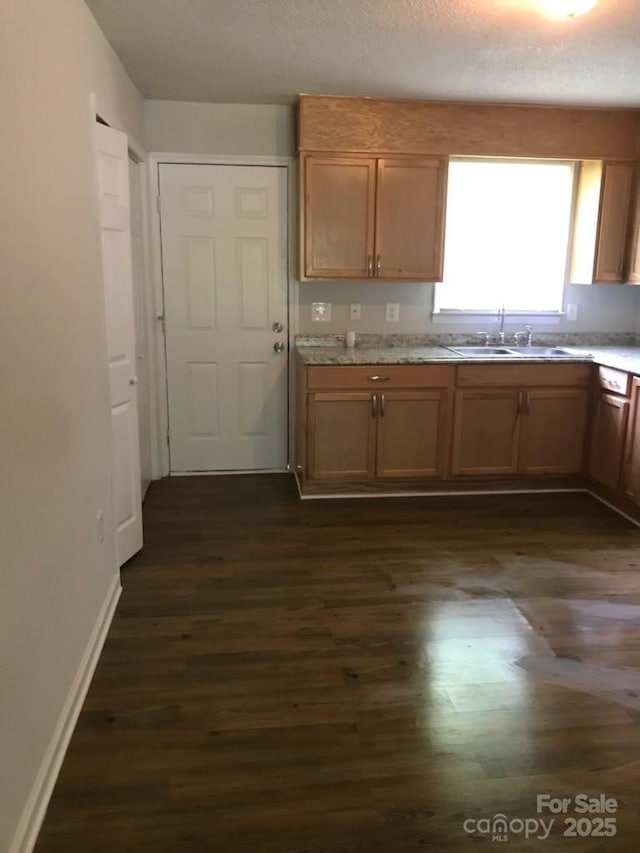 kitchen with light stone countertops, sink, and dark hardwood / wood-style floors