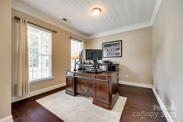 office featuring dark hardwood / wood-style flooring and ornamental molding