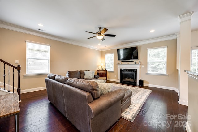 living room featuring decorative columns, dark wood-type flooring, a wealth of natural light, and crown molding