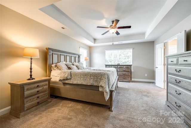 bedroom featuring a raised ceiling, ceiling fan, and carpet