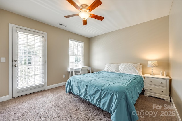 carpeted bedroom featuring ceiling fan and access to exterior