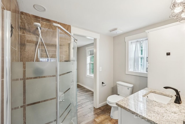 bathroom featuring vanity, wood-type flooring, toilet, and walk in shower